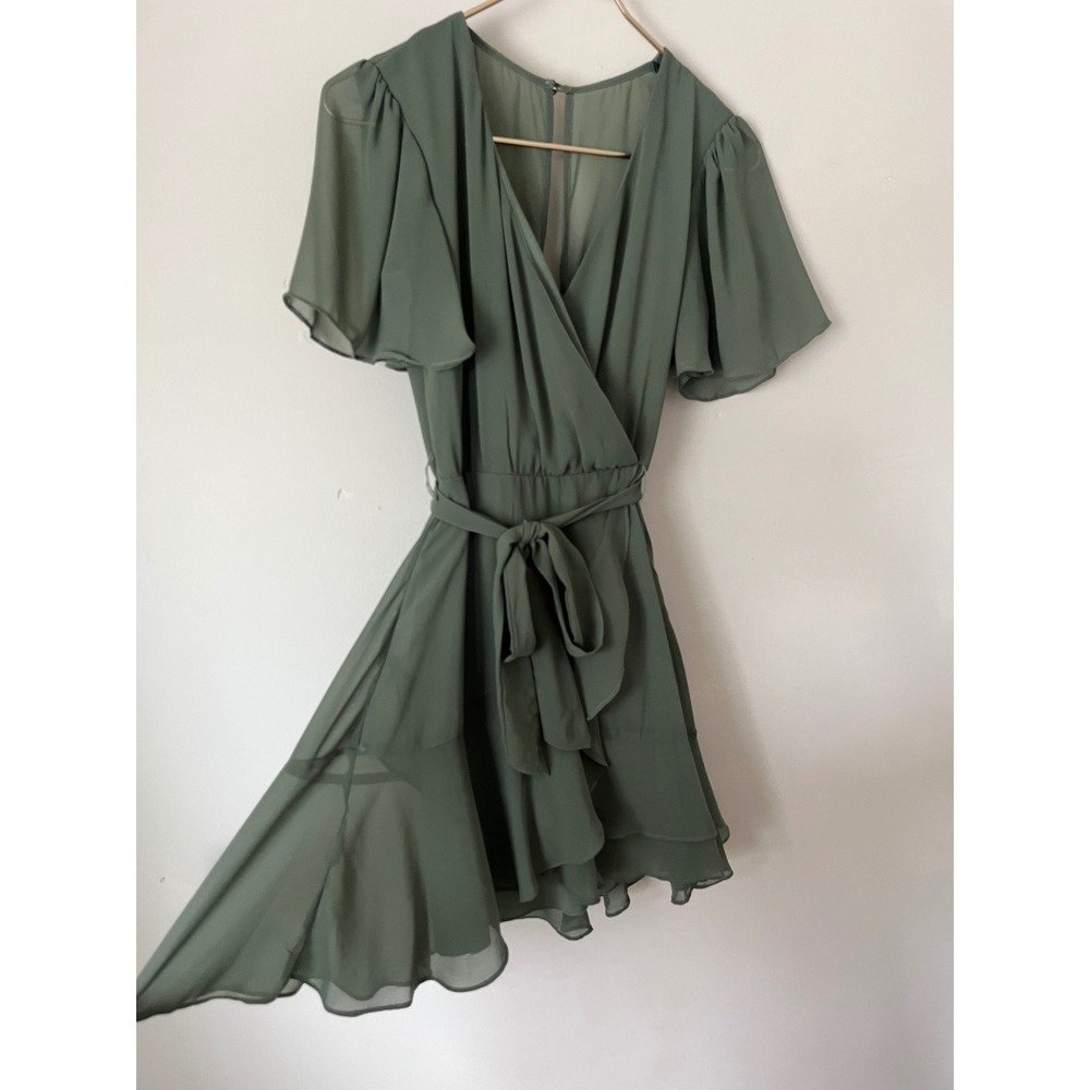 B. SMART Olive Green Fairycore Chiffon Wrap Mini Dress Flutter Sleeve Size 0